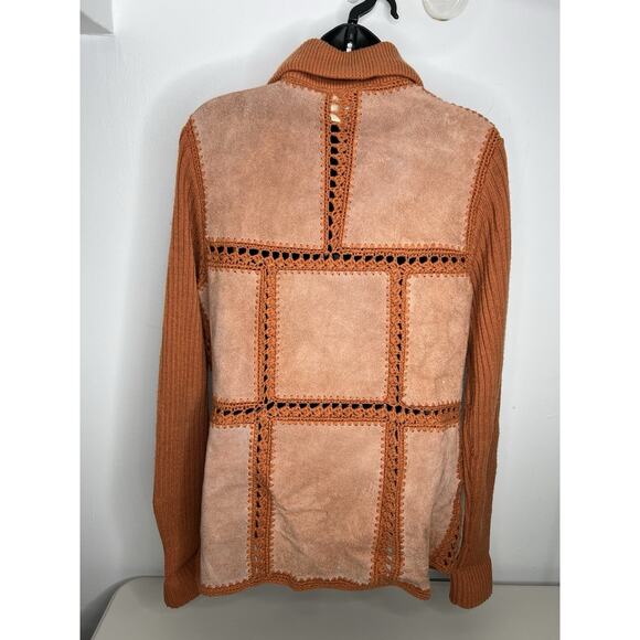 Vintage 70’s Orange Brown Leather and Knit Jacket Button Down Size Medium - Picture 7 of 8